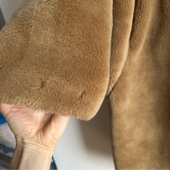 H&M Sz M Tan Brown Long Relaxed Button Front Faux Fur Coat - Picture 15 of 15